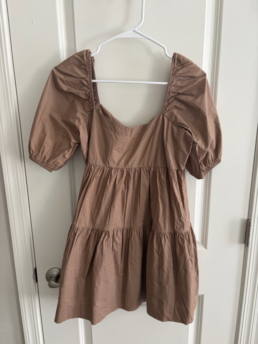 Brown Puff Sleeve Tiered Mini Dress